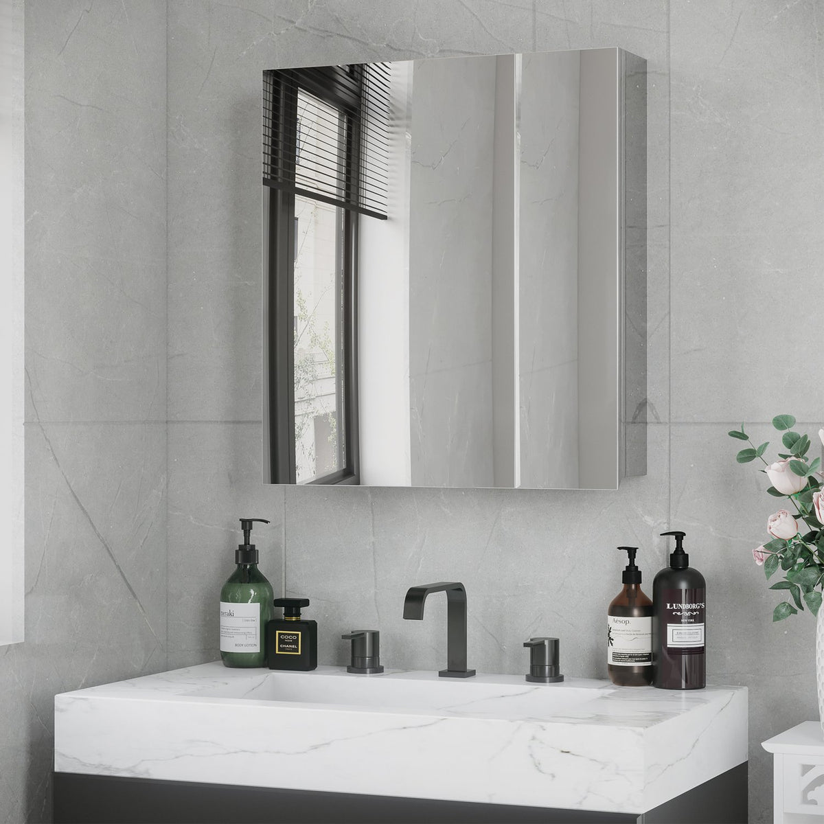 Mirror Cabinet Bathroom Mirror Cabinet With 3 Inner Shelves, Double Door Wall Cabinet, Wall Cabinet For Bathroom, Silver, 54X13X60Cm