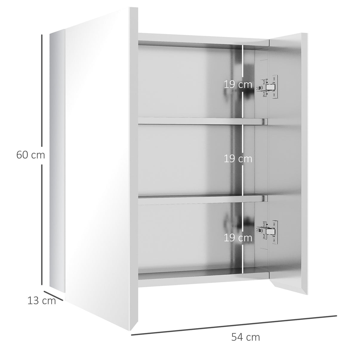 Mirror Cabinet Bathroom Mirror Cabinet With 3 Inner Shelves, Double Door Wall Cabinet, Wall Cabinet For Bathroom, Silver, 54X13X60Cm