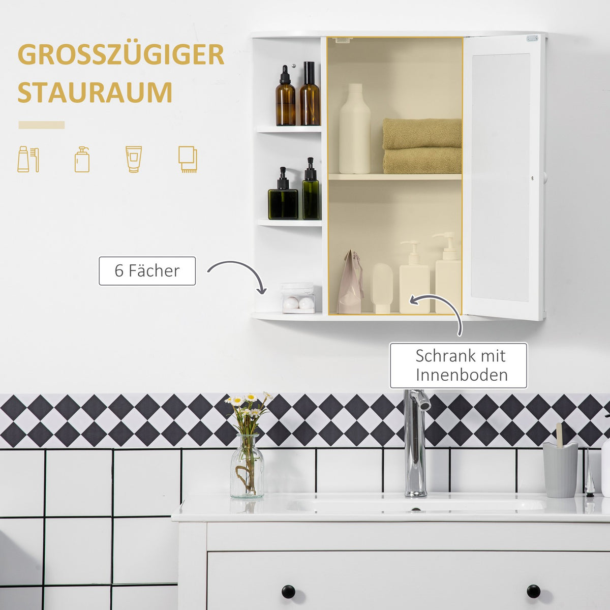 Mirror Cabinet Bathroom Mirror For Wall Mounting, Hanging Cabinet With 8 Compartments, Multi-Purpose Cabinet, White, 66X17X63Cm