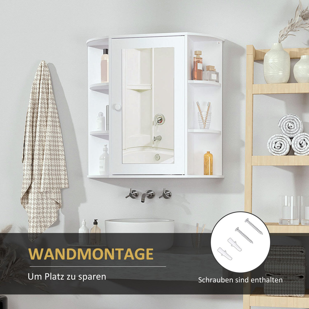 Mirror Cabinet Bathroom Mirror For Wall Mounting, Hanging Cabinet With 8 Compartments, Multi-Purpose Cabinet, White, 66X17X63Cm