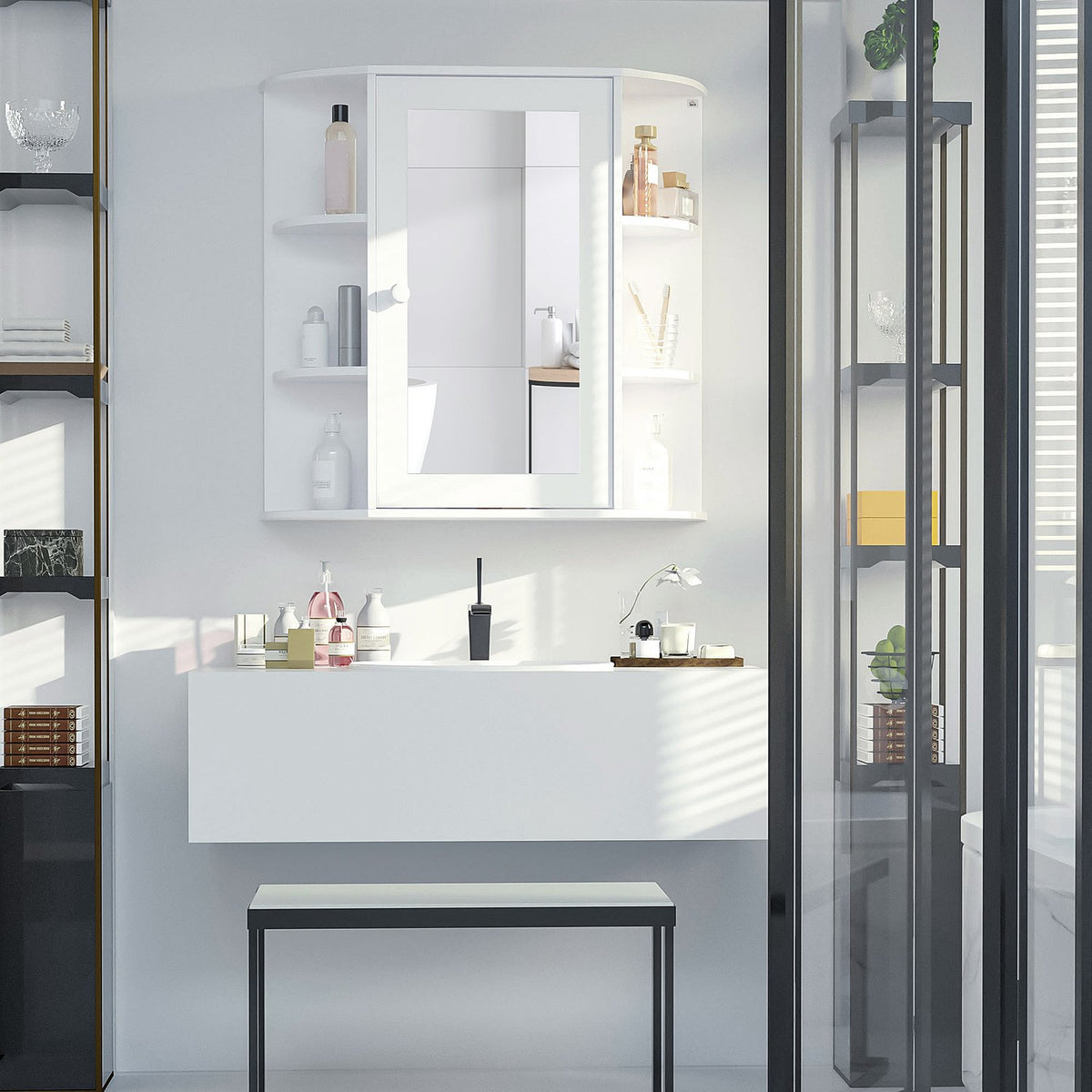 Mirror Cabinet Bathroom Mirror For Wall Mounting, Hanging Cabinet With 8 Compartments, Multi-Purpose Cabinet, White, 66X17X63Cm