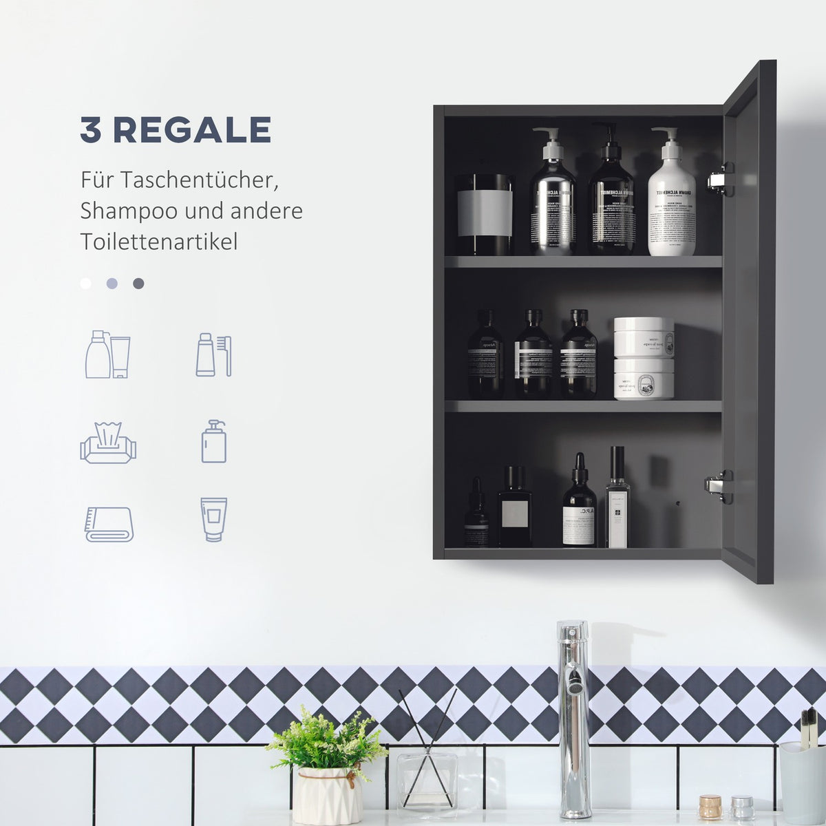 Mirror Cabinet Modern Wall Cabinet With Mirror & 3 Layers, Black, For Bathroom, 40X15X60 Cm