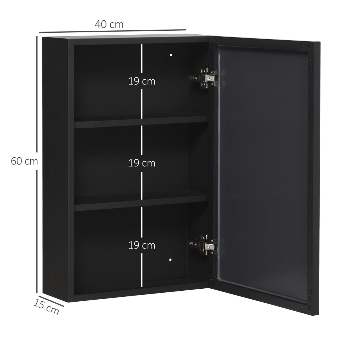 Mirror Cabinet Modern Wall Cabinet With Mirror & 3 Layers, Black, For Bathroom, 40X15X60 Cm