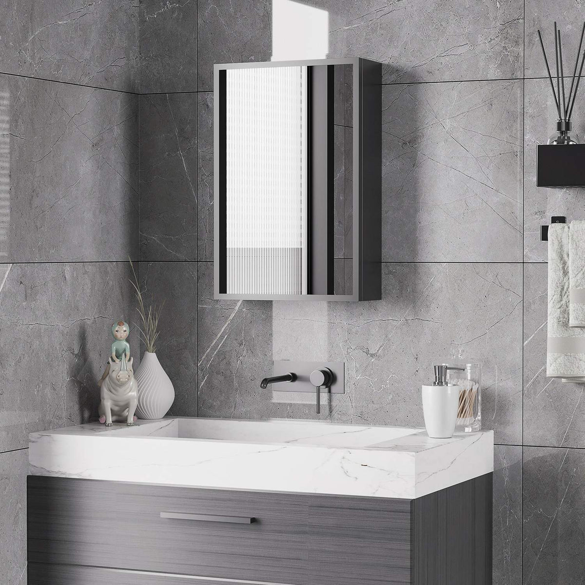 Mirror Cabinet Modern Wall Cabinet With Mirror & 3 Layers, Black, For Bathroom, 40X15X60 Cm
