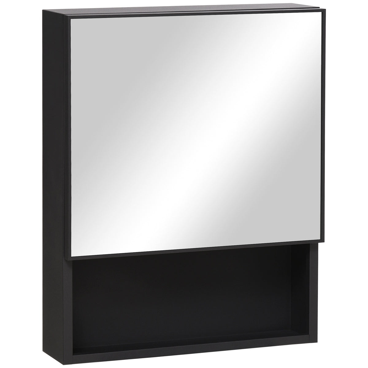 Mirror Cabinet Stainless Steel Wall Cabinet With 2 Inner Shelves & Open Shelf, Glass, For Bathroom, 46X13.5X58 Cm