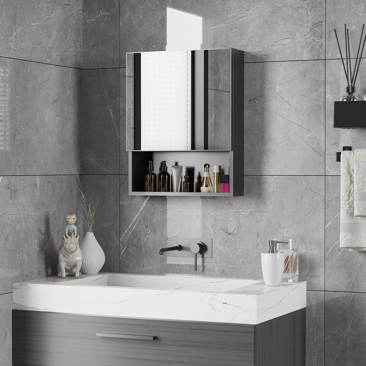 Mirror Cabinet Stainless Steel Wall Cabinet With 2 Inner Shelves & Open Shelf, Glass, For Bathroom, 46X13.5X58 Cm