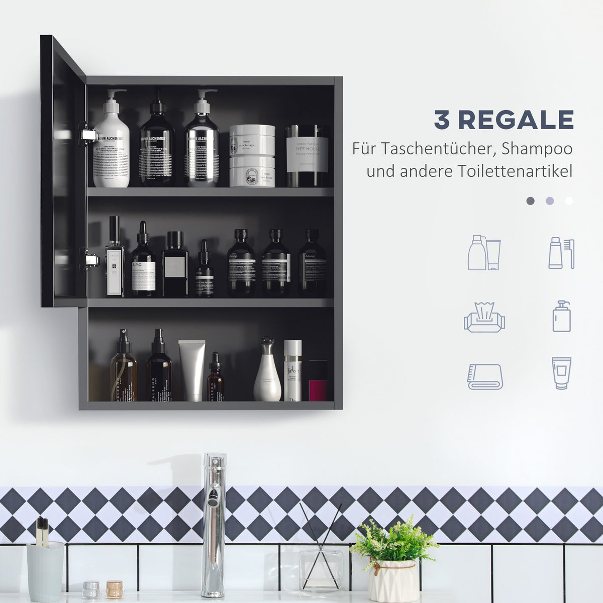 Mirror Cabinet Stainless Steel Wall Cabinet With 2 Inner Shelves & Open Shelf, Glass, For Bathroom, 46X13.5X58 Cm