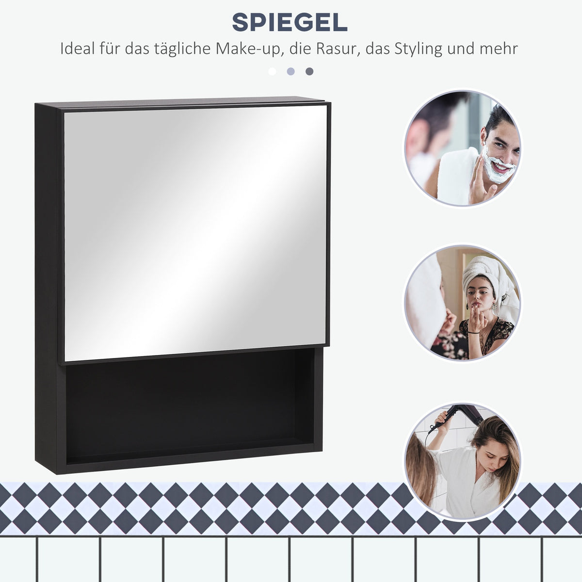 Mirror Cabinet Stainless Steel Wall Cabinet With 2 Inner Shelves & Open Shelf, Glass, For Bathroom, 46X13.5X58 Cm