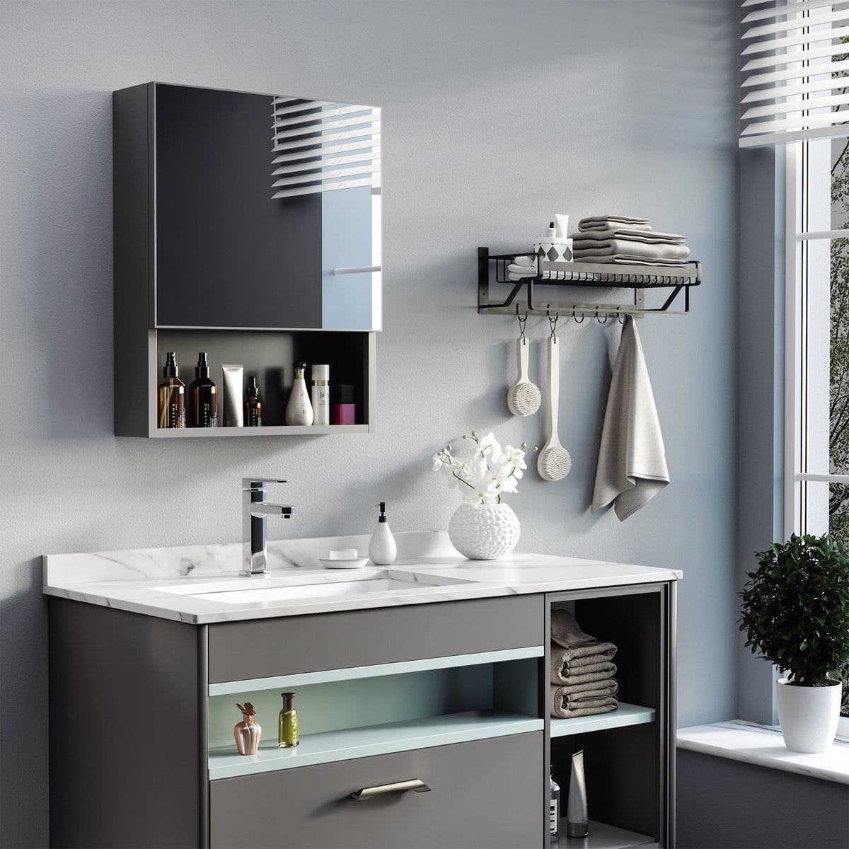 Mirror Cabinet Stainless Steel Wall Cabinet With 2 Inner Shelves & Open Shelf, Glass, For Bathroom, 46X13.5X58 Cm
