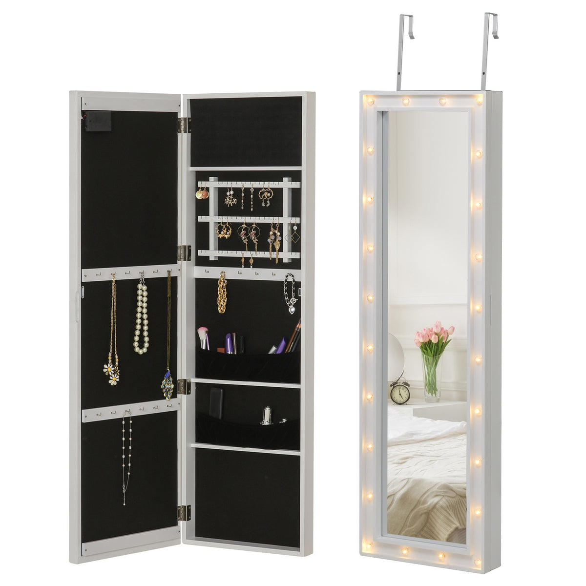Mirror cabinet LED jewelry cabinet hanging door mounting MDF white 36.6 x 8 x 120 cm