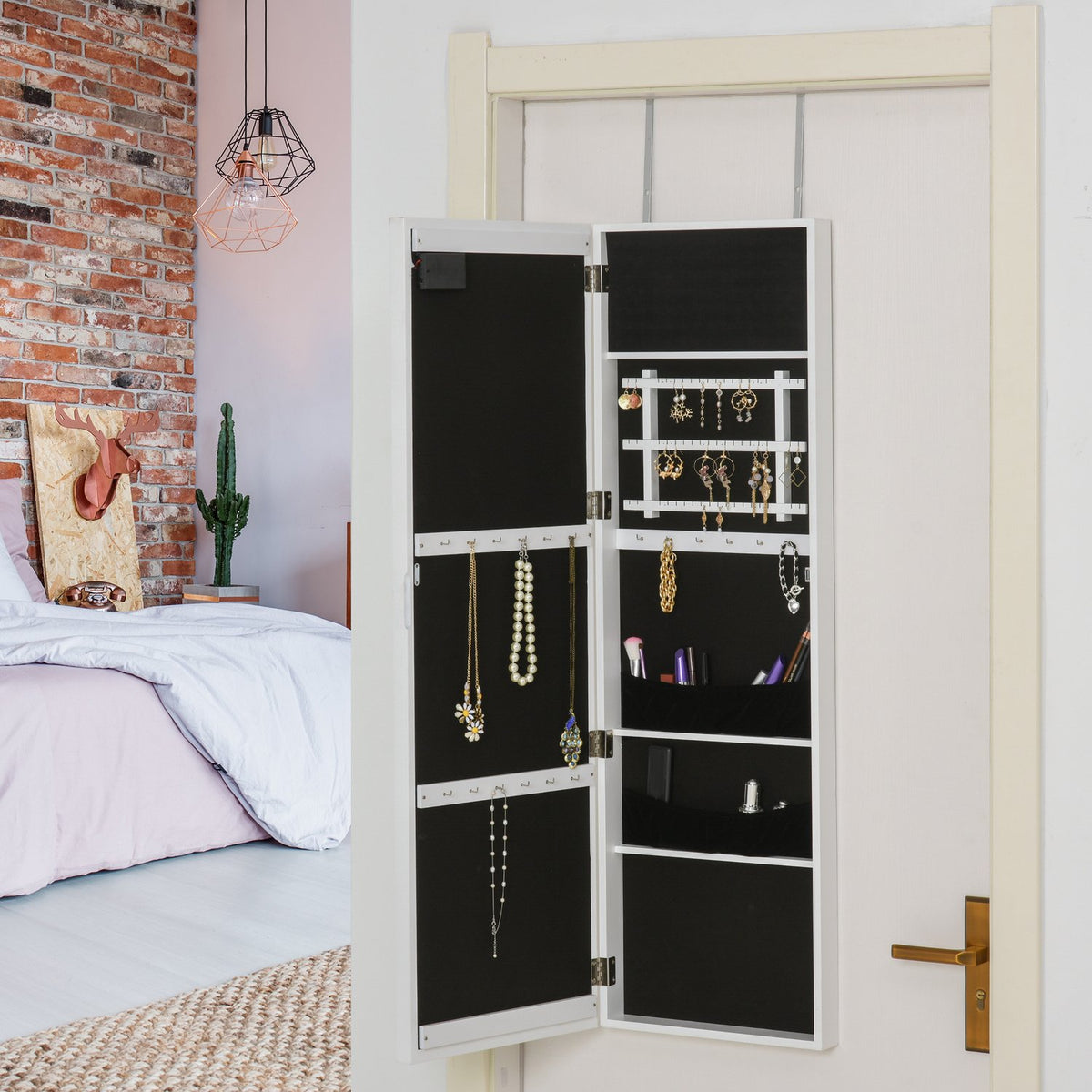 Mirror cabinet LED jewelry cabinet hanging door mounting MDF white 36.6 x 8 x 120 cm