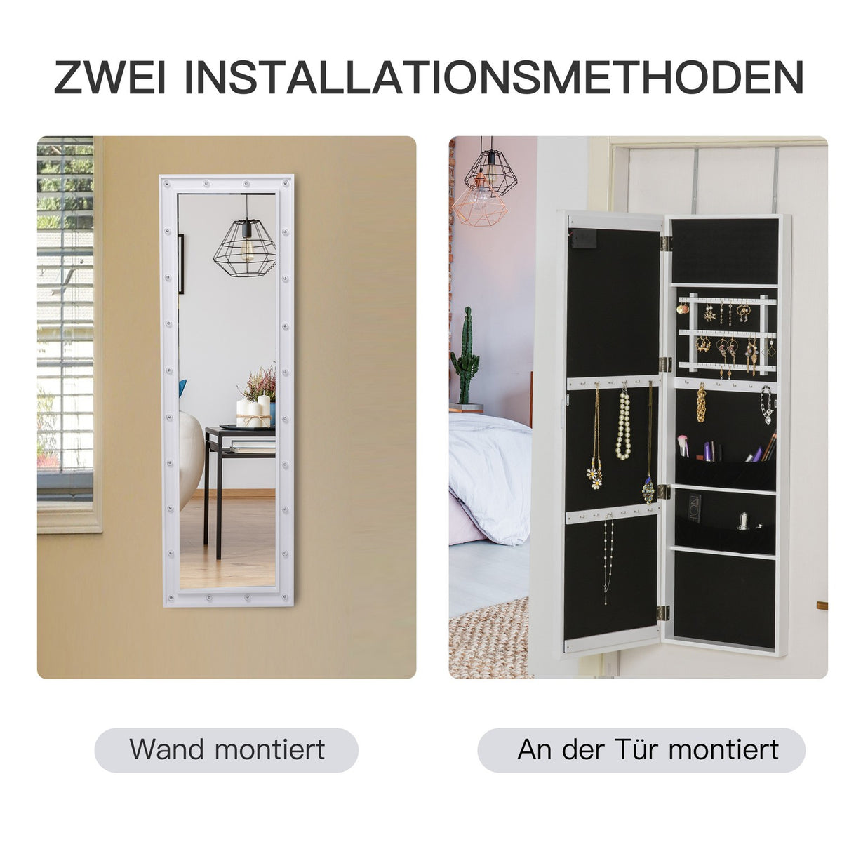 Mirror cabinet LED jewelry cabinet hanging door mounting MDF white 36.6 x 8 x 120 cm