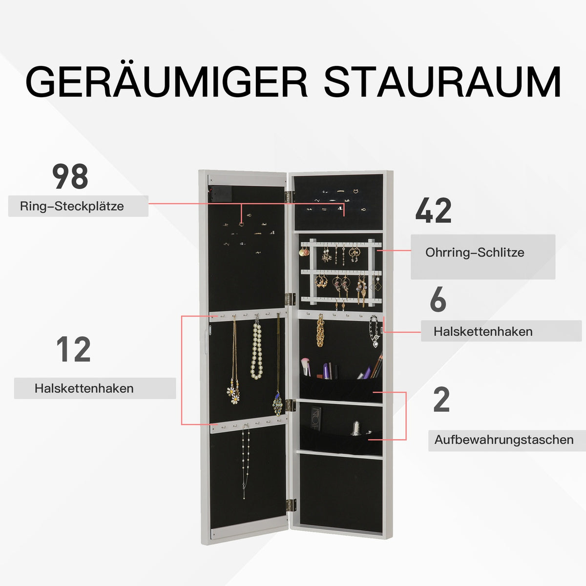 Mirror cabinet LED jewelry cabinet hanging door mounting MDF white 36.6 x 8 x 120 cm