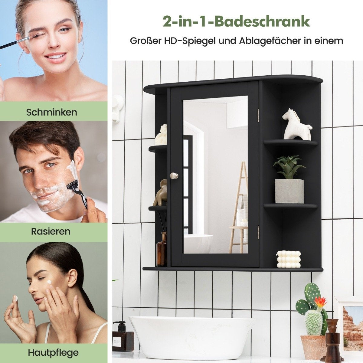 Mirror cabinet bathroom 4 compartments & 6 open shelves bathroom cabinet with mirror 66 x 17 x 63 cm black