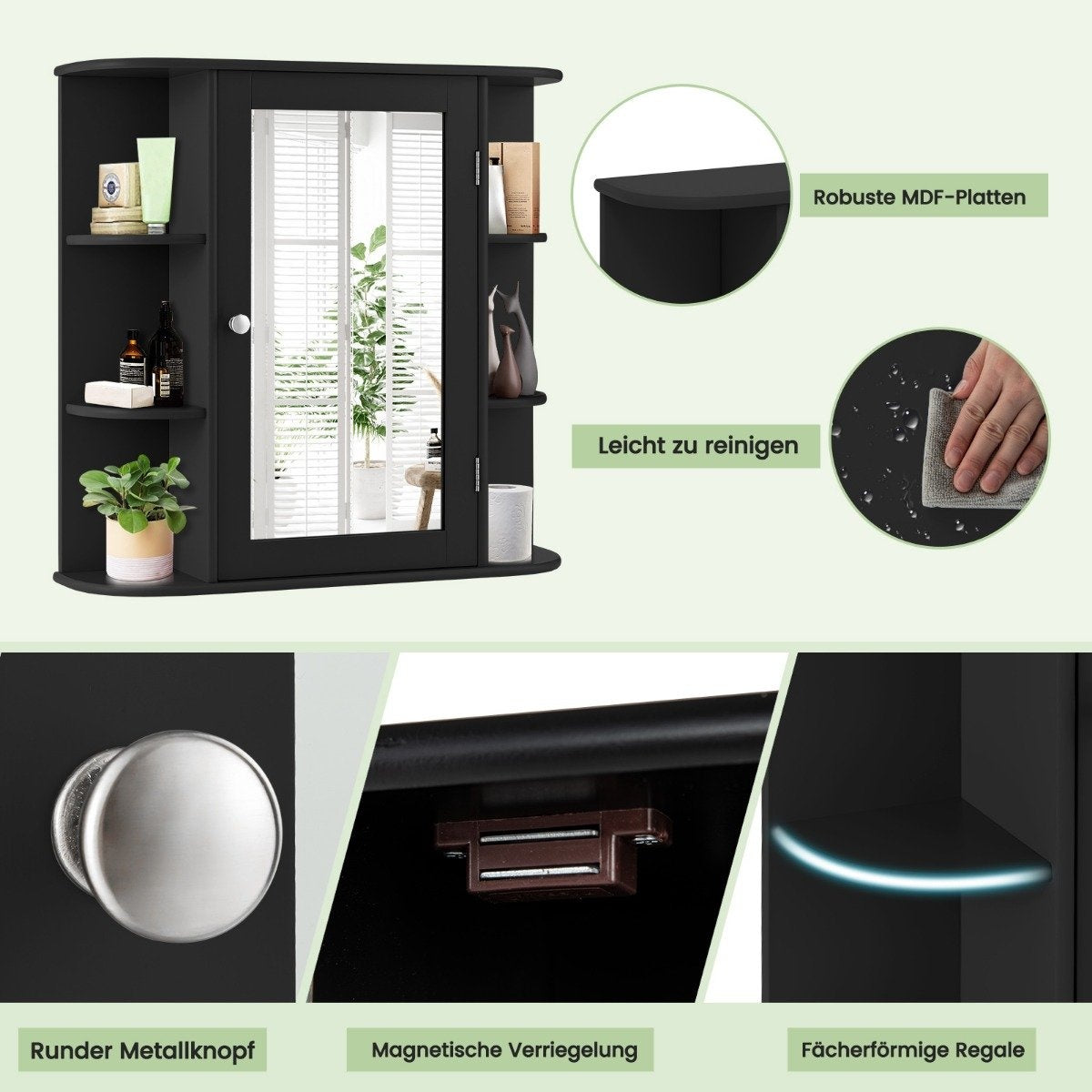 Mirror cabinet bathroom 4 compartments & 6 open shelves bathroom cabinet with mirror 66 x 17 x 63 cm black