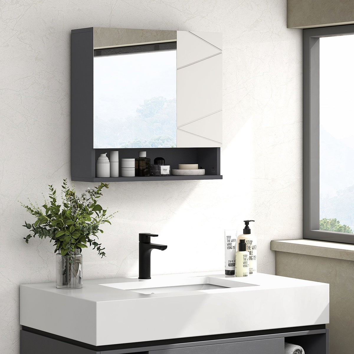 Mirror cabinet bathroom, bathroom cabinet with mirror, wall cabinet with adjustable shelf, open compartment, anti-fog function, wall cabinet 55x17x55cm gray |