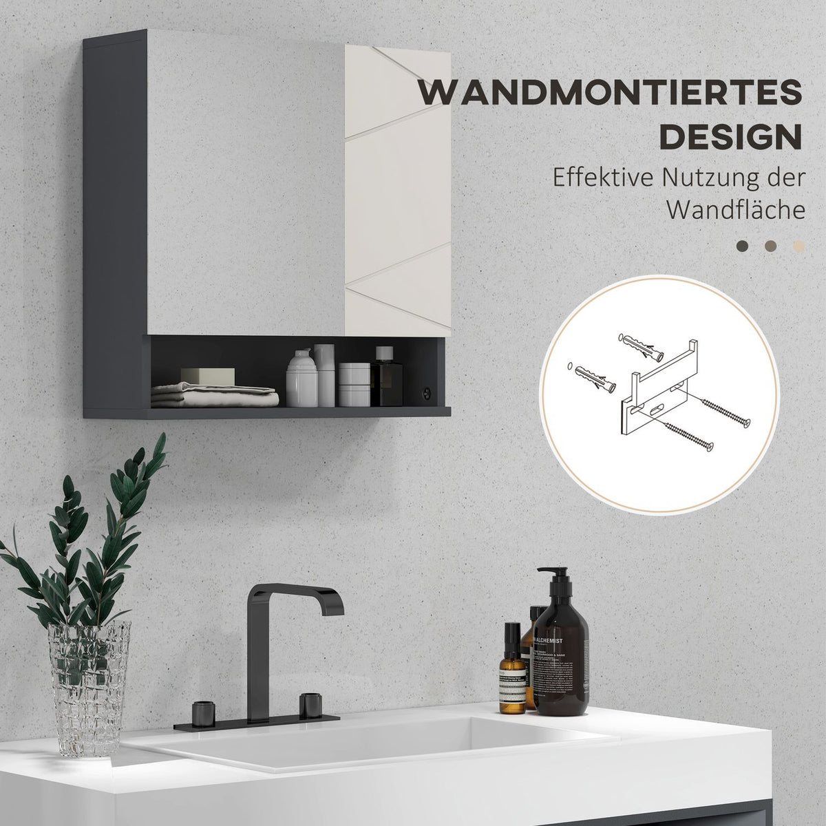 Mirror cabinet bathroom, bathroom cabinet with mirror, wall cabinet with adjustable shelf, open compartment, anti-fog function, wall cabinet 55x17x55cm gray |