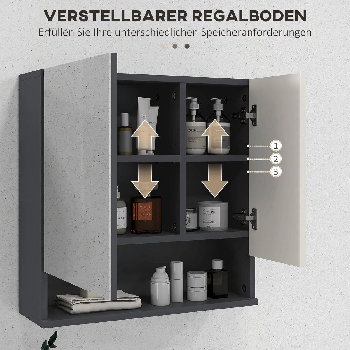 Mirror cabinet bathroom, bathroom cabinet with mirror, wall cabinet with adjustable shelf, open compartment, anti-fog function, wall cabinet 55x17x55cm gray |