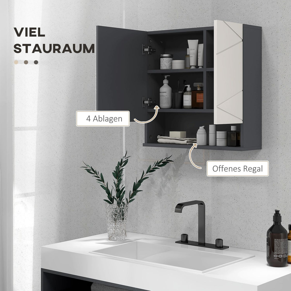 Mirror cabinet bathroom, bathroom cabinet with mirror, wall cabinet with adjustable shelf, open compartment, anti-fog function, wall cabinet 55x17x55cm gray |