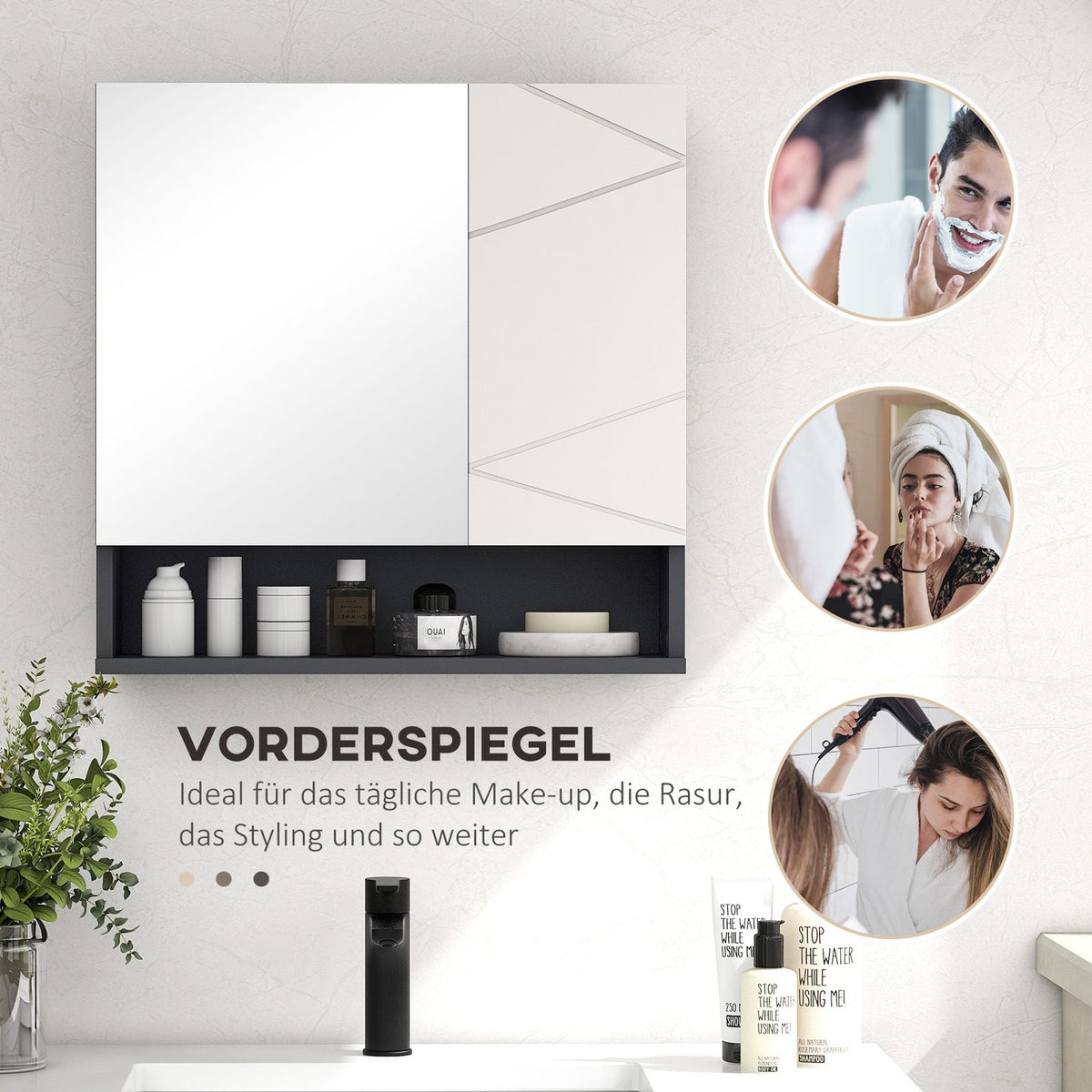 Mirror cabinet bathroom, bathroom cabinet with mirror, wall cabinet with adjustable shelf, open compartment, anti-fog function, wall cabinet 55x17x55cm gray |