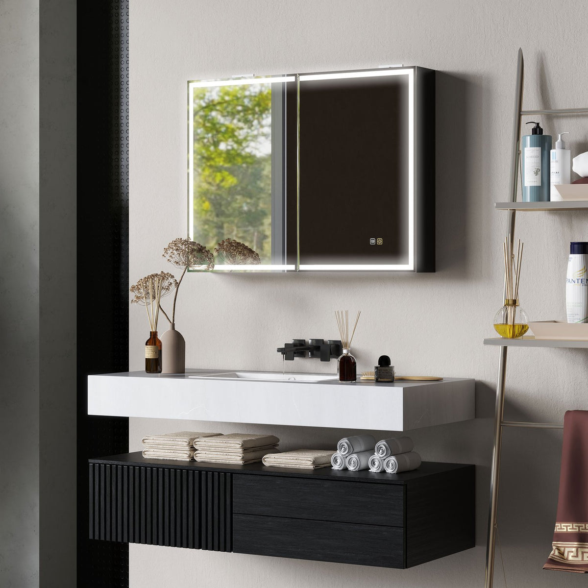 Mirror cabinet bathroom with LED lighting, bathroom cabinet with mirror, socket, wall cabinet with adjustable shelf, anti-fog function, wall cabinet 80x12.8x60cm black