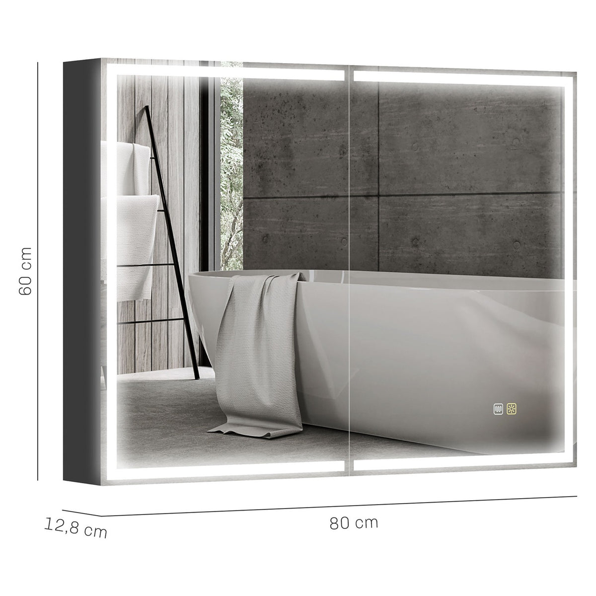 Mirror cabinet bathroom with LED lighting, bathroom cabinet with mirror, socket, wall cabinet with adjustable shelf, anti-fog function, wall cabinet 80x12.8x60cm black