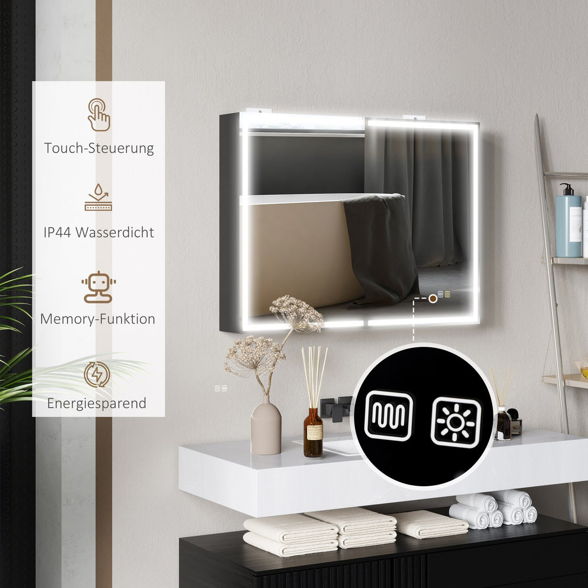 Mirror cabinet bathroom with LED lighting, bathroom cabinet with mirror, socket, wall cabinet with adjustable shelf, anti-fog function, wall cabinet 80x12.8x60cm black
