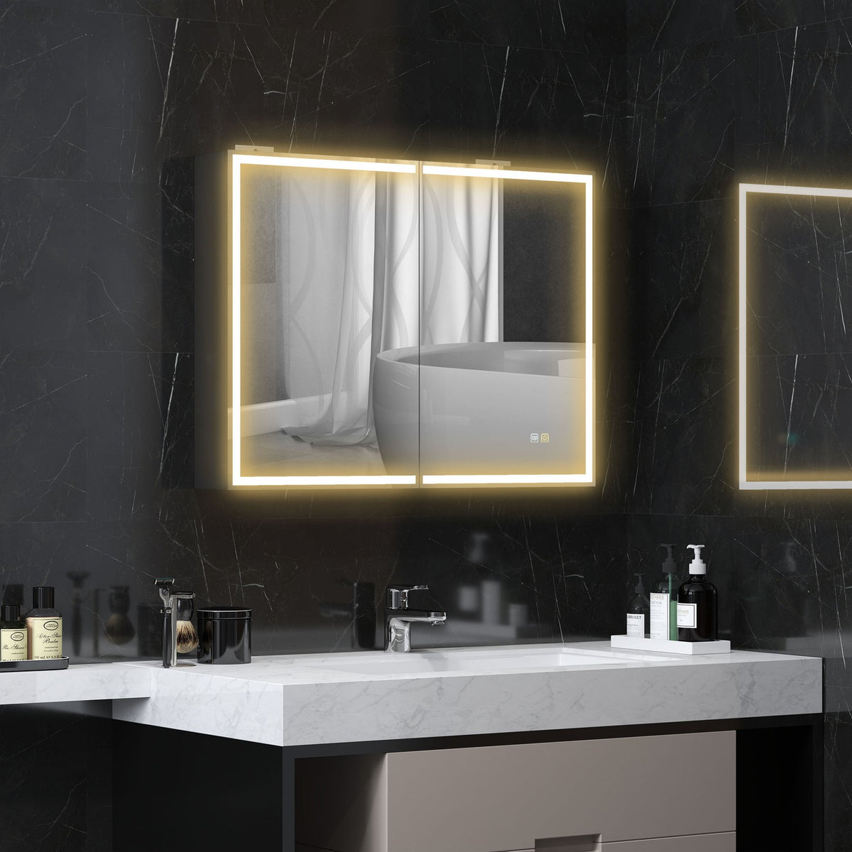 Mirror cabinet bathroom with LED lighting, bathroom cabinet with mirror, socket, wall cabinet with adjustable shelf, anti-fog function, wall cabinet 80x12.8x60cm black