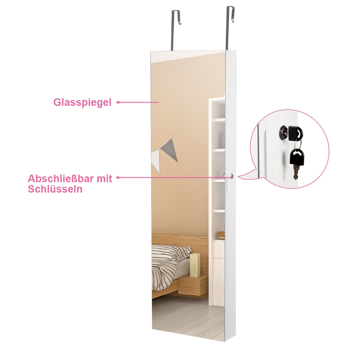 Mirrored Jewelry Cabinet With LED Lights, Wall or Door Mount