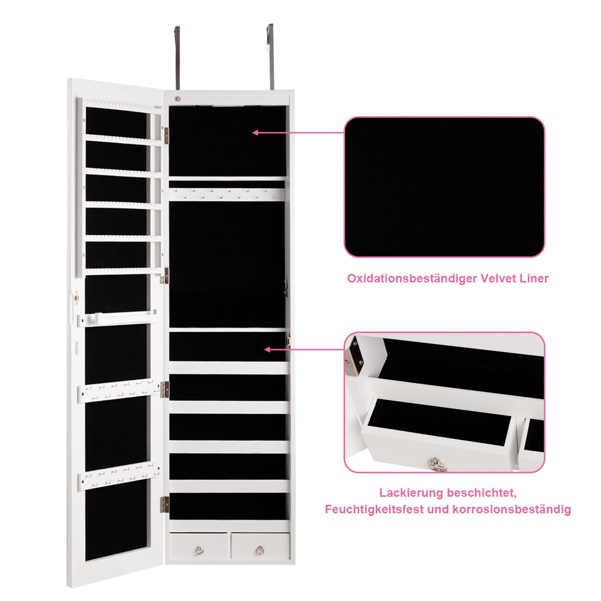 Mirrored Jewelry Cabinet With LED Lights, Wall or Door Mount