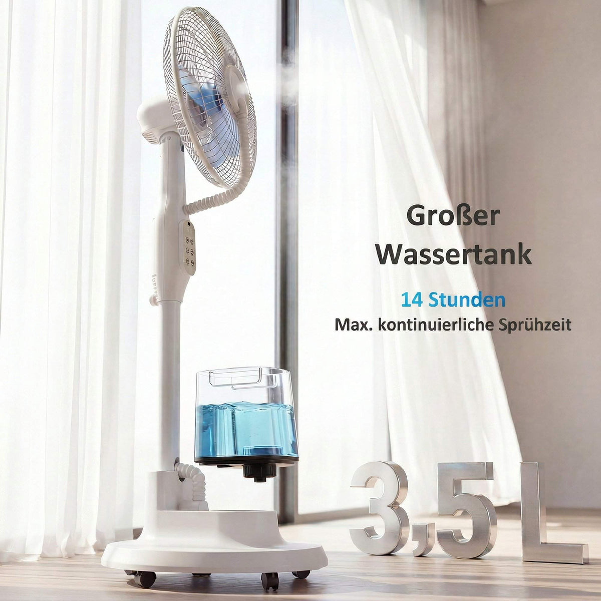 Misting Pedestal Fan, 70 Oscillation, 3.5L Tank, White