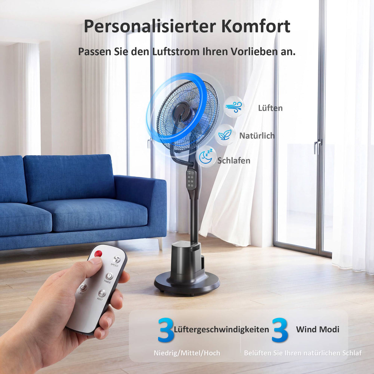 Misting Pedestal Fan, 70 Oscillation, 3 Speeds, 3.5L Tank