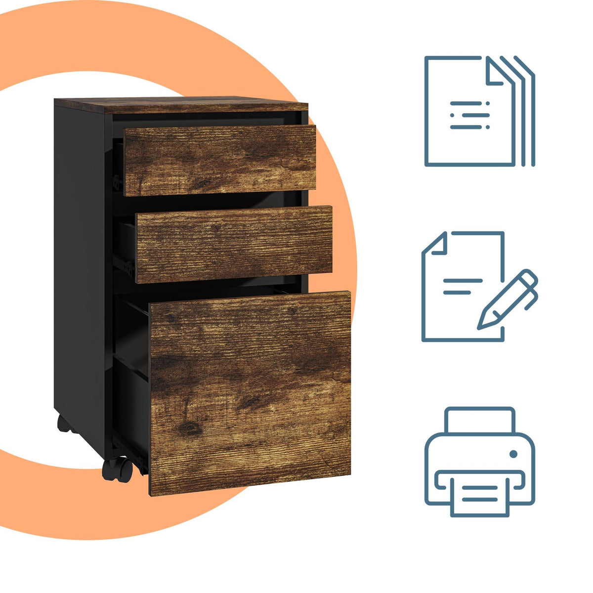 Mobile 3-Drawer Cabinet with Hanging File System