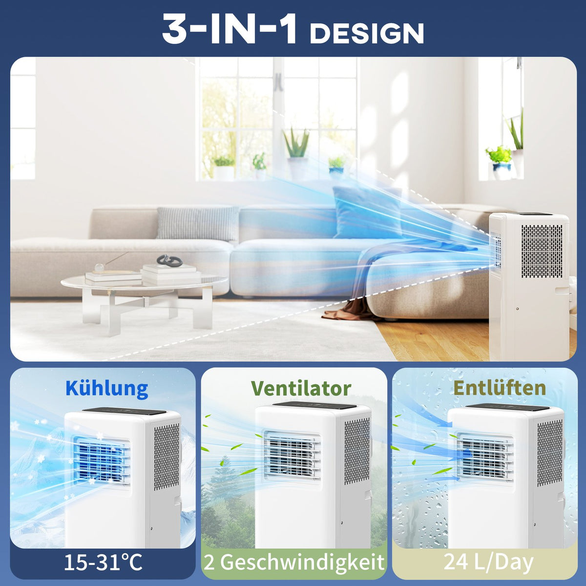 Mobile Air Conditioner 3-in-1 Air Conditioner with Cooling, Dehumidifier, Fan, Exhaust Hose, 9000BTU Automatic Air Cooler with Remote Control, Timer, Child Lock, White |