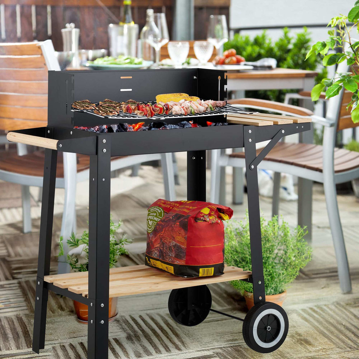Mobile Barbecue Cart with Shelves and Wheels