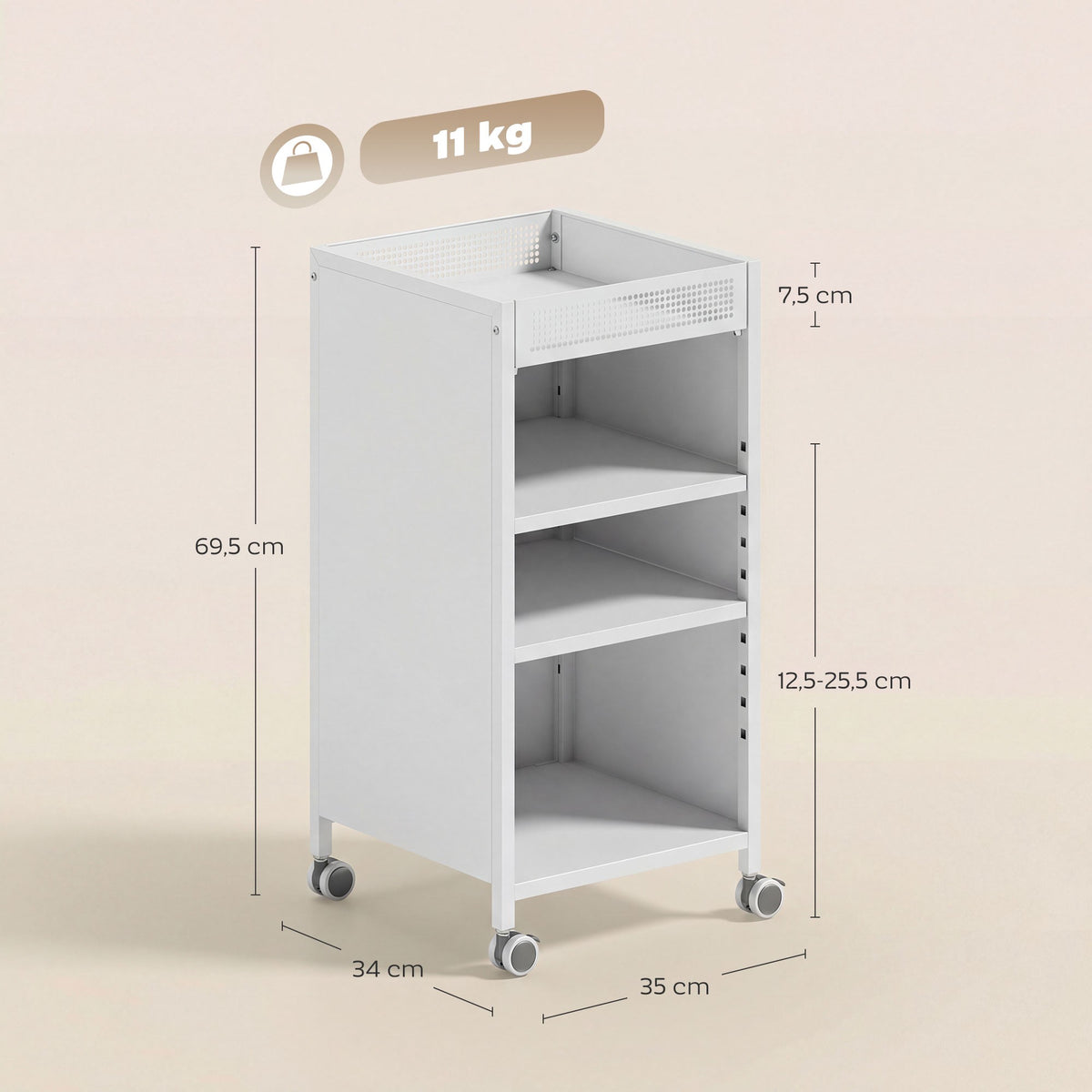 Mobile Bookshelf with Adjustable Shelves, 3-Tier Cart, White