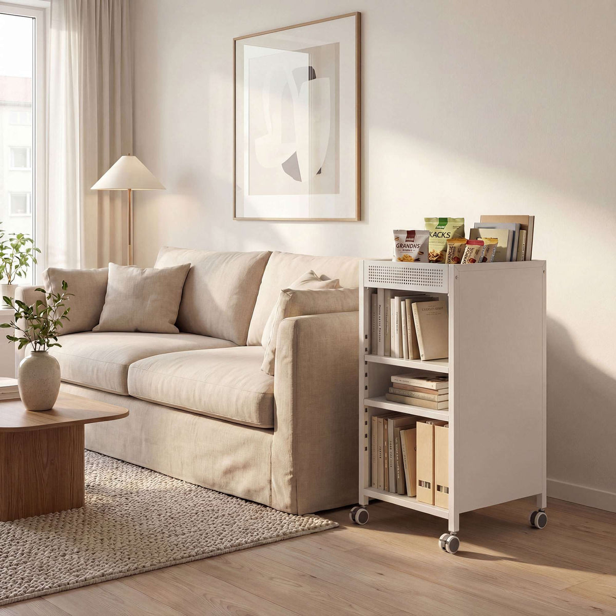 Mobile Bookshelf with Adjustable Shelves, 3-Tier Cart, White