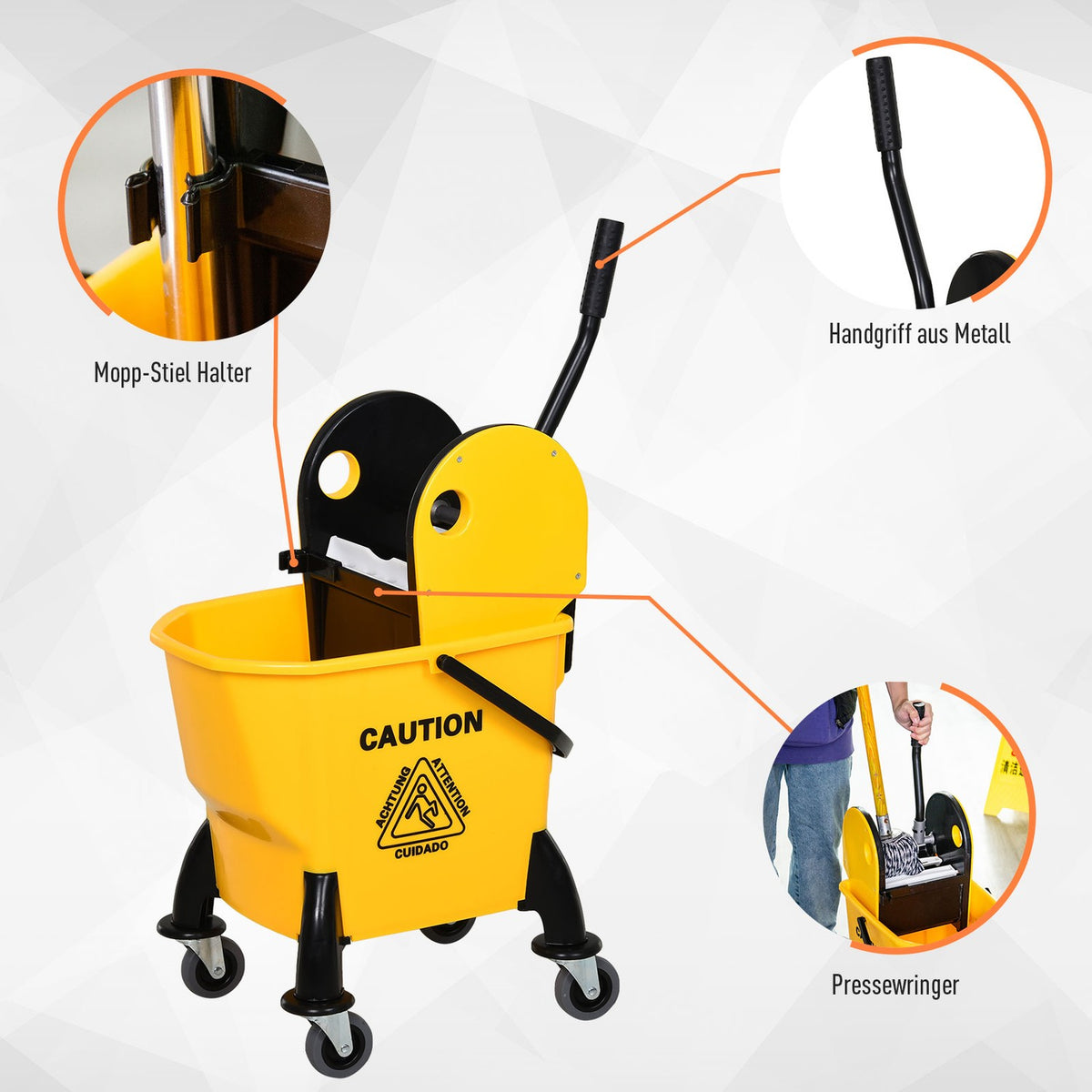 Mobile Bucket Cleaning Trolley With Wringing Device, 26 Liters, Yellow, 44X36X90Cm, Light And Efficient