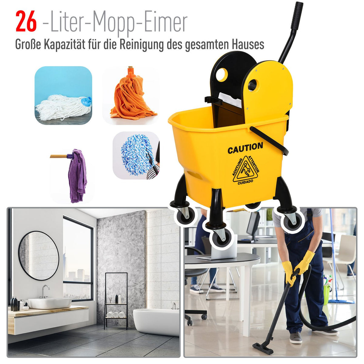 Mobile Bucket Cleaning Trolley With Wringing Device, 26 Liters, Yellow, 44X36X90Cm, Light And Efficient