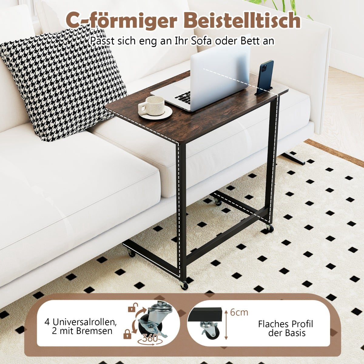 Mobile C-Shaped Side Table with Wheels and Phone Holder
