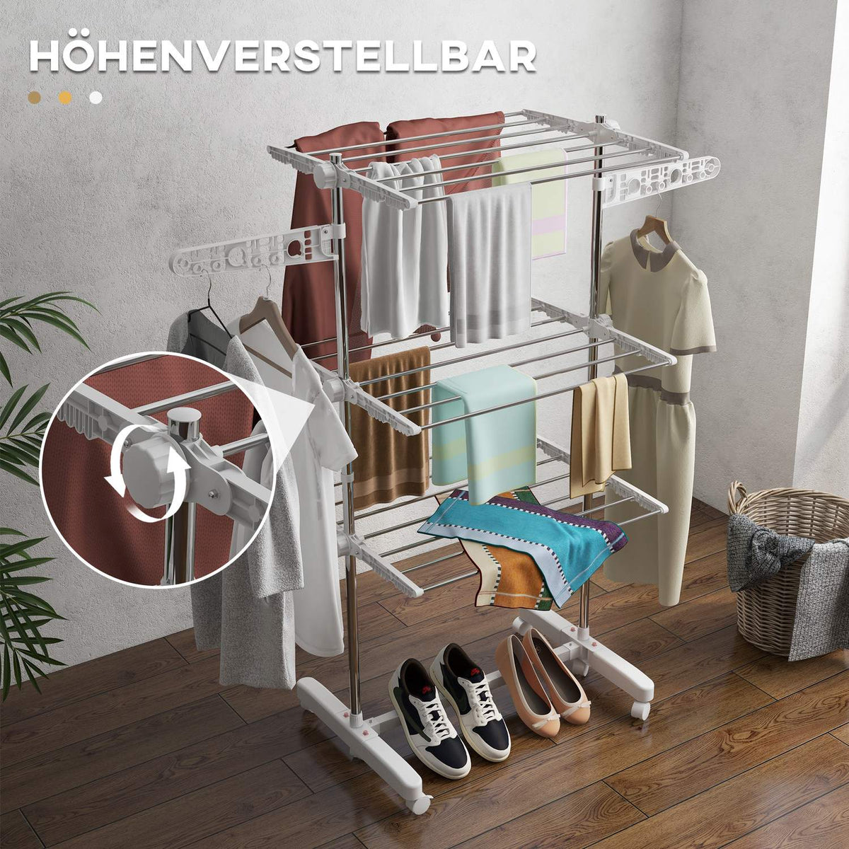Mobile Clothes Airer Tumble Dryer 3 Levels Foldable Roll 80-142 X 55 X 152 Cm