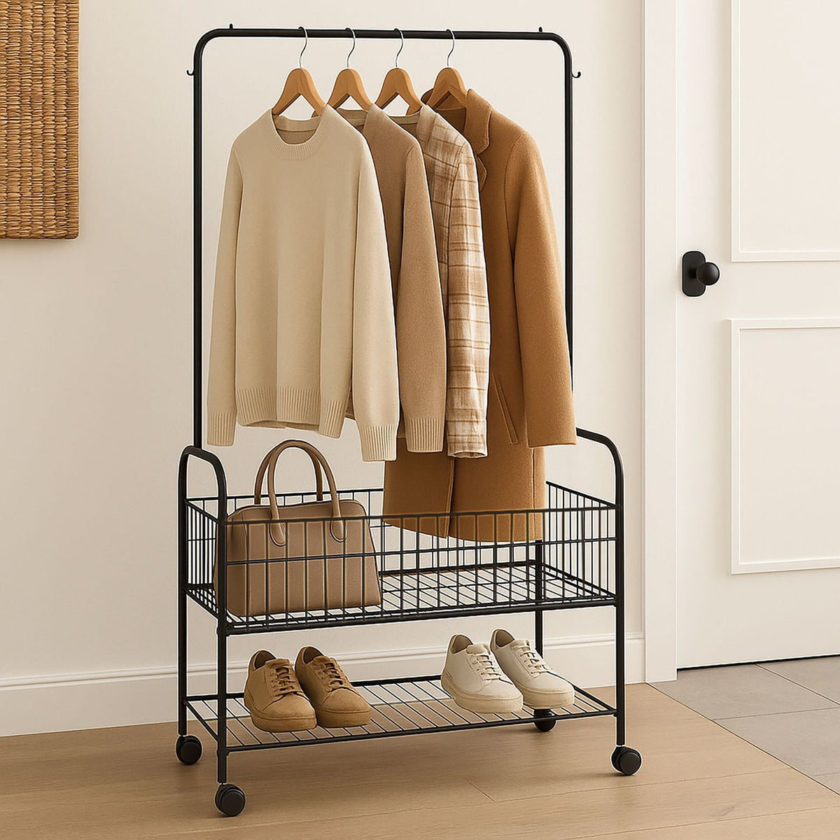 Mobile Clothes Rack with 2 Shelves and Wheels