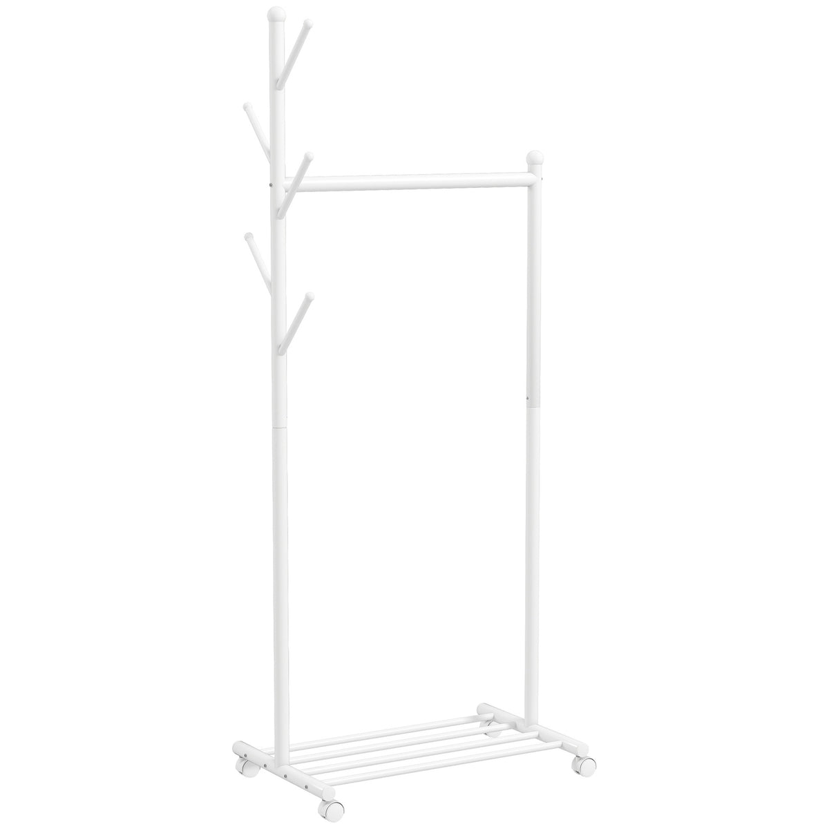 Mobile Clothes Rack with Rod, 5 Hooks, Shoe Shelf, White