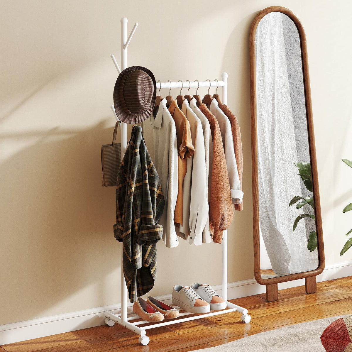 Mobile Clothes Rack with Rod, 5 Hooks, Shoe Shelf, White