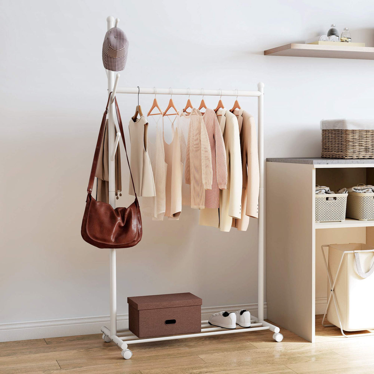 Mobile Clothes Rack with Wheels, Hooks, and Shoe Shelf, White