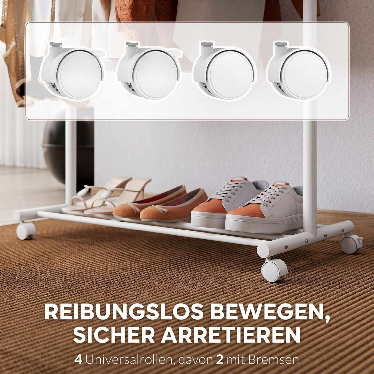 Mobile Clothes Rack with Wheels, Hooks, and Shoe Shelf, White