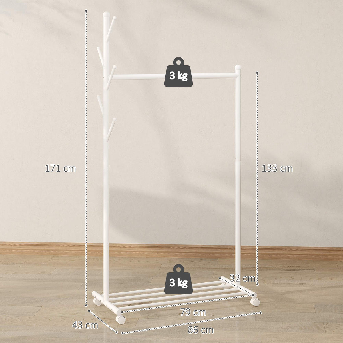 Mobile Clothes Rack with Wheels, Hooks, and Shoe Shelf, White