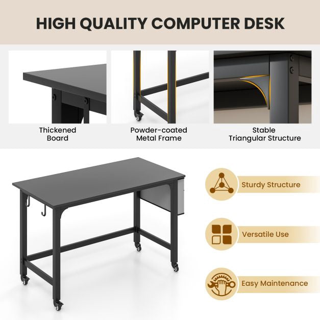 Mobile Computer Desk 120cm – Storage Bag, Hooks, Black