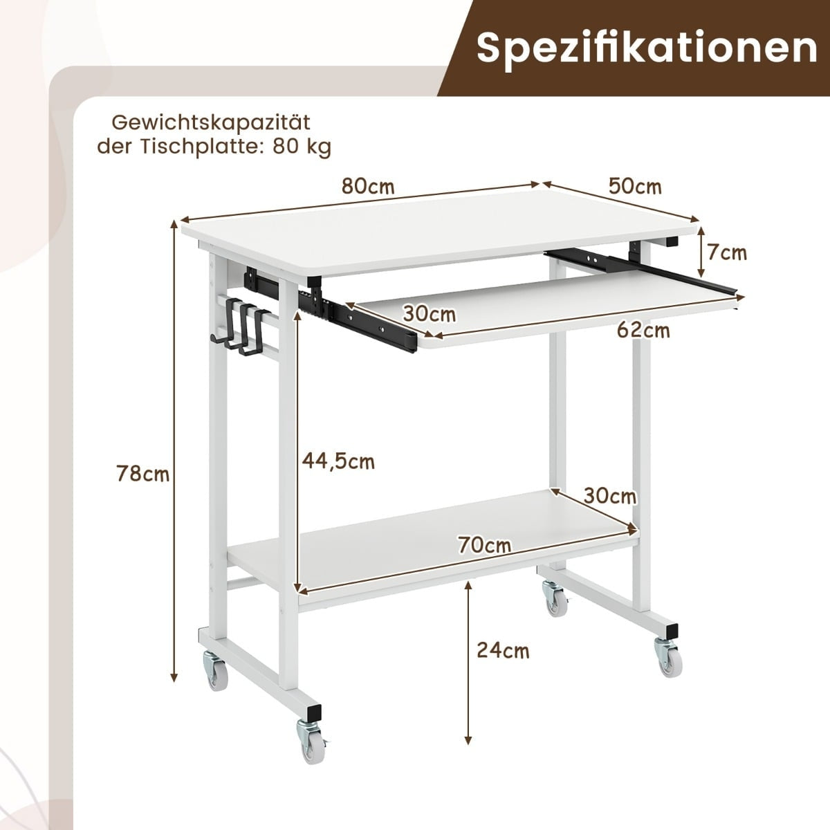 Mobile Computer Desk with Keyboard Tray, White, 80x50x78 cm