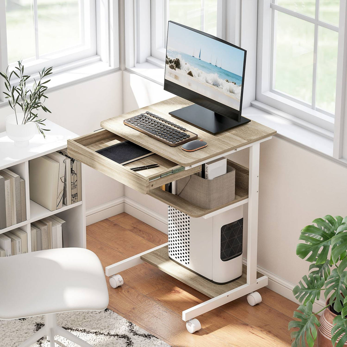 Mobile Desk with Drawer and Shelves, 4 Wheels, Chipboard, Metal